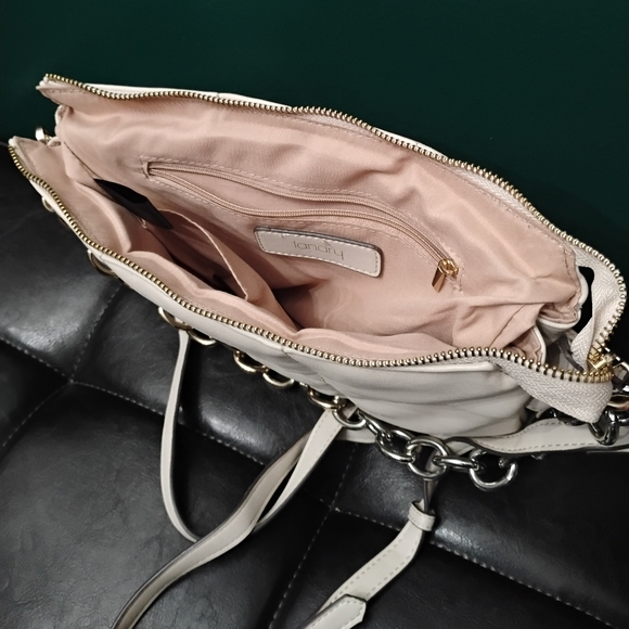 Kate Landry Vegan Leather Quilted Purse Two-Tone Chain Strap & Crossbody Beige - Picture 5 of 10